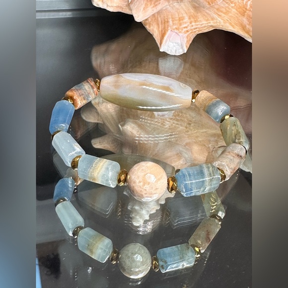 LEMURIAN AQUATINE BARRELS + MUSHROOM JASPER NATURAL STONES BRACELET size 7” - Picture 6 of 12